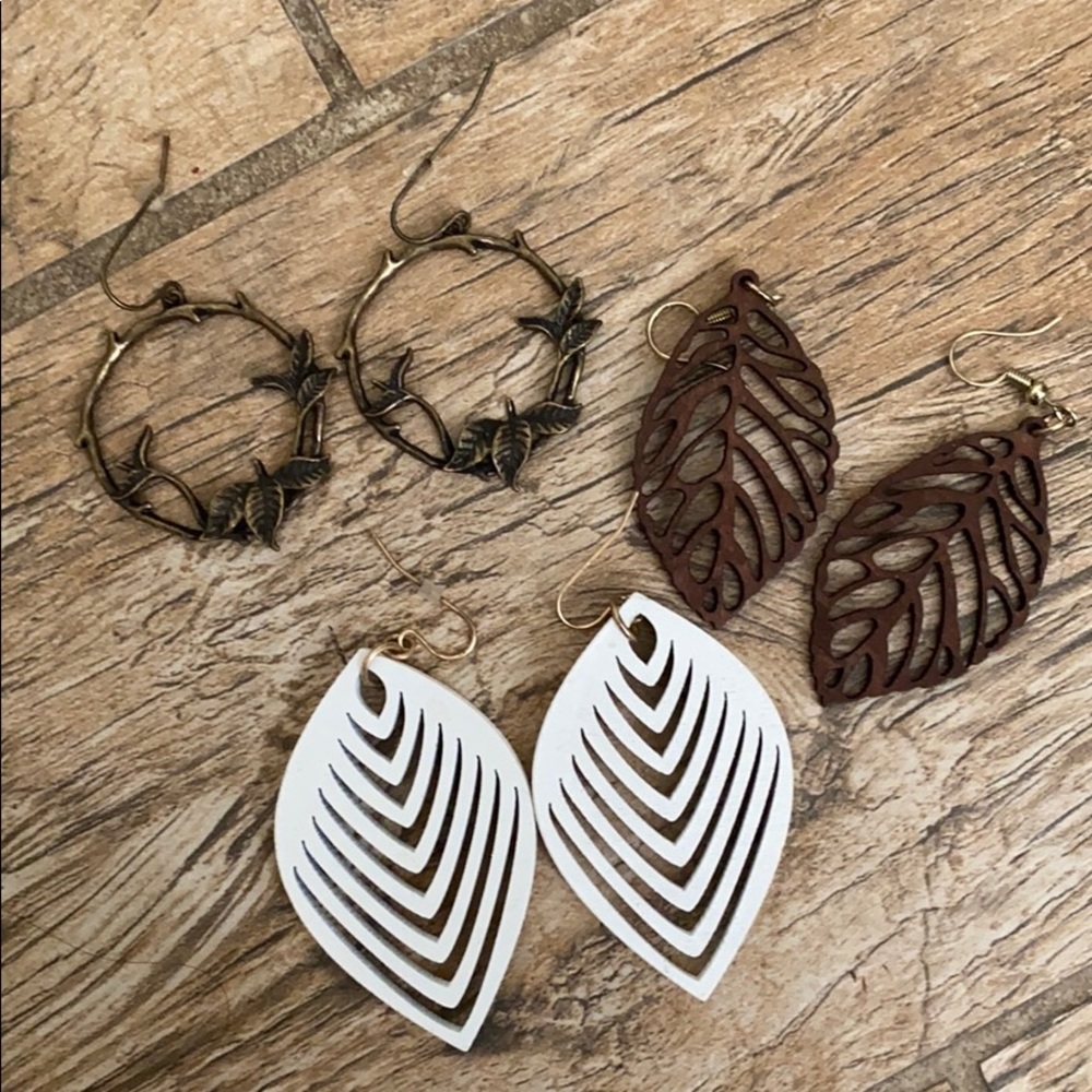 Two wood earrings and one hoop